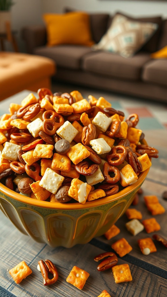 A bowl of savory snack mix with pretzels, nuts, and crackers on a wooden table.